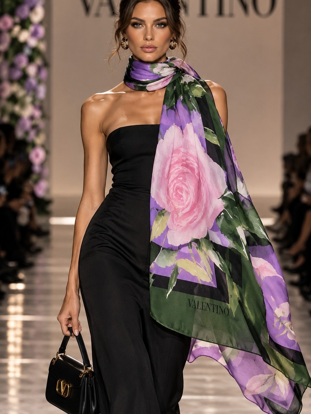 VALENTINO Floral Silk Scarf - Pink & Purple Rose Print